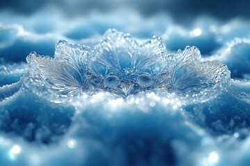 Ice crystals forming on a leaf on blurred background.