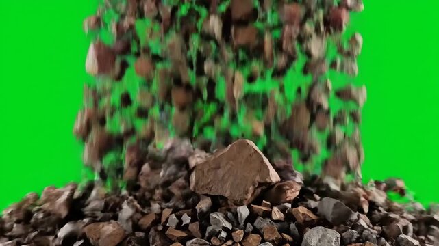 Rocks Falling on Green Screen - A pile of rocks falls onto a green screen background. This digital footage is ideal for compositing into various projects requiring a rockslide or avalanche effect.