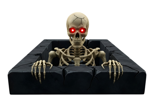 A skeletal figure with glowing red eyes peeks from a dark, cracked stone enclosure against a stark black background.