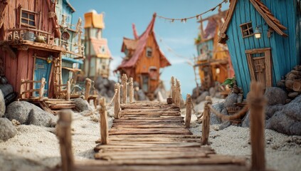 Whimsical illustration of a village scene with colorful wooden buildings on a bridge