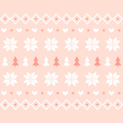 Christmas and New Year seamless pattern. Flat knitting pattern, Fair Isle  with Scandinavian snowflakes and Christmas trees for winter hat, sweater, jumper, paper or other designs.