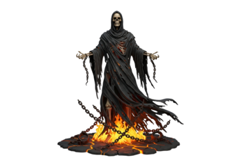 A skeletal figure in a dark robe stands atop a fiery base, surrounded by chains.