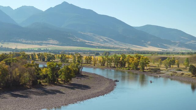 Boats Floating on Yellowstone River in Paradise Valley Morning