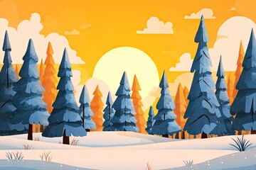 Winter forest illustration with snowy landscape and setting sun background