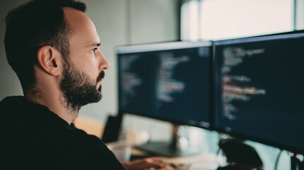 A focused developer at a minimalist workstation with soft window light and a neutral background.