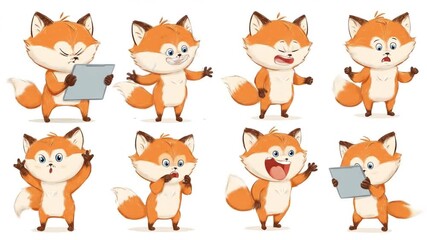 Cartoon fox characters in various poses and expressions on white background - Powered by Adobe