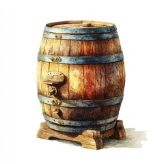 Fototapeta premium Wooden barrel illustration with metal bands and wooden stand isolated on white