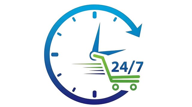 24/7 Online Shopping: Clock and Shopping Cart Icon