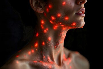Red light therapy treatment on woman's face and neck for skin rejuvenation and health benefits