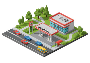 3D Isometric view illustration of a gas station with fueling pumps, convenience store, parking lot, and busy city streets with cars and buses, symbolizing transport, energy, and urban services