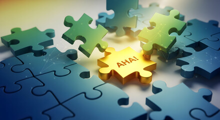 Obraz premium Brilliant golden puzzle piece revealing the aha moment surrounded by blue and green jigsaw connections