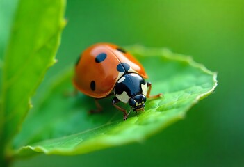 Obraz premium Vibrant ladybug with glossy red shell and black spots crawls on a lush green leaf, showcasing nature's delicate beauty in stunning macro detail.