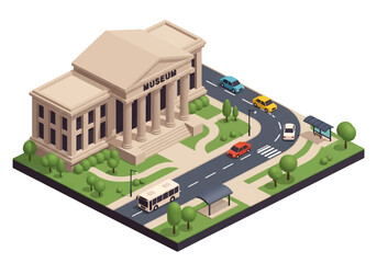 3D Isometric view illustration of a museum building surrounded by trees, city streets, buses, and cars, symbolizing culture, history, tourism, and education in urban life.