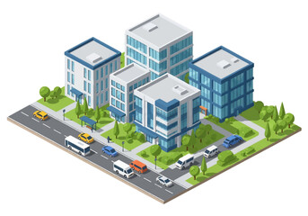 3D Isometric view illustration of modern office buildings with glass facades, green landscaping, and busy city streets with cars and buses, symbolizing business, corporate life, and urban development