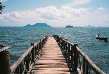 Obraz premium Wooden pier extends towards distant islands on a serene ocean landscape