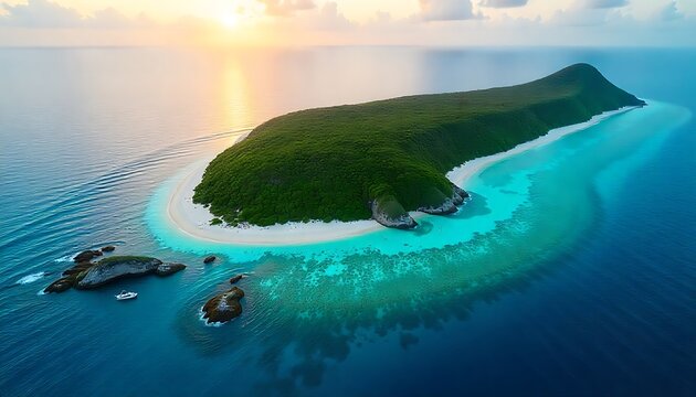 Serene tropical island paradise at sunrise, pristine white sands, lush green hills, and crystal clear turquoise waters teeming with coral reefs. - Powered by Adobe