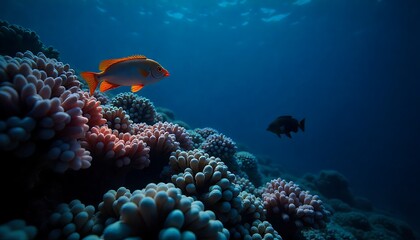 Obraz premium Vibrant orange fish glides gracefully through a colorful coral reef teeming with marine life and crystal clear blue ocean water