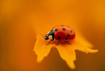 Fototapeta premium Vibrant ladybug with striking black spots crawls on a delicate autumn leaf bathed in warm golden light, symbolizing nature's beauty.