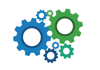 Group of six interlocking gears of various sizes and shades of green and blue