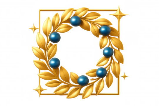 Golden laurel wreath with blue berries decorating sophisticated square frame with shining stars, transparent background