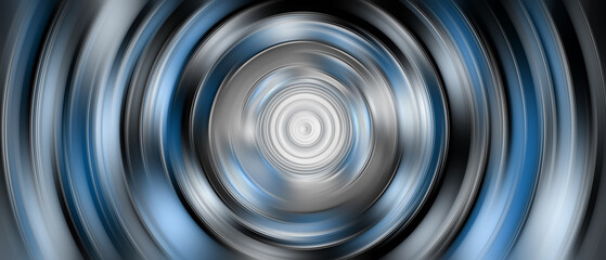 Abstract concentric circles with metallic texture and subtle shine in blue, gray, and black tones. Geometric glowing rings create a modern futuristic background with depth and elegance.