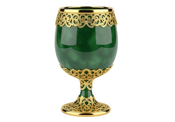 A lavishly detailed, emerald green wine glass, adorned with intricate gold filigree, showcases exquisite craftsmanship.