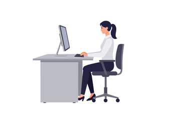 Woman types at computer desk in office wearing a white shirt and ponytail