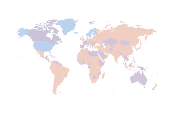 World map colored with peach purple and blue showing countries outlines without borders