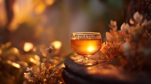 Glass of liquid with warm colors surrounded by vegetation and bokeh
