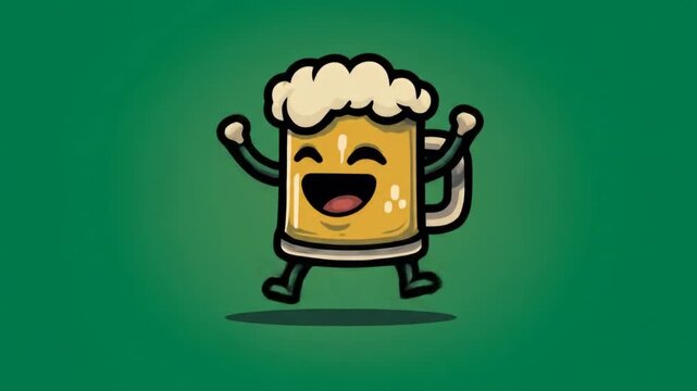 Animated beer mug character with joyful expression on a green backdrop
