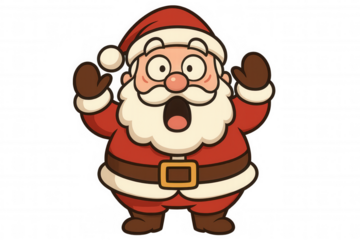 Santa claus cartoon character expressing surprise, having a wide open mouth and both hands raised, holiday illustration