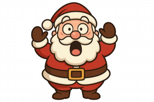 Santa claus cartoon character expressing surprise, having a wide open mouth and both hands raised, holiday illustration