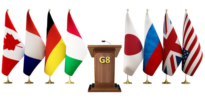 G8 country flags arranged in a conference room on transparent background. 3D illustration