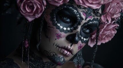 Naklejka premium Elegant Day of the Dead Makeup with Flowers and Dark Background