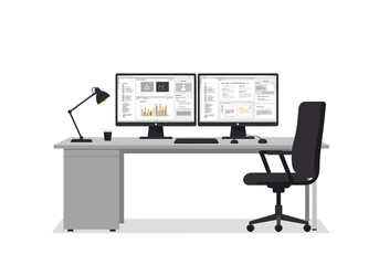 Desk setup with dual monitors lamp coffee and a black chair