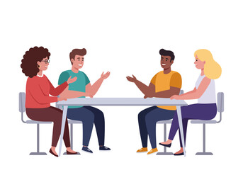 Four individuals engage in conversation around a table seated on chairs