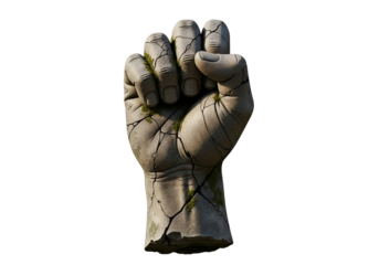 A weathered, cracked fist, sculpted in stone-like material, portrays fragility and resilience.