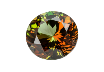 Close-up view of a multicolored gemstone, showcasing intricate facets and vibrant colors against a stark black background.