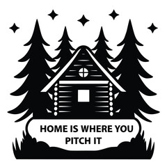 Fototapeta premium Rustic Cabin in the Woods Silhouette with Starry Sky and Inspiring Quote