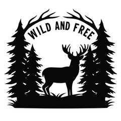 Elegant black and white vector illustration of a deer in the forest