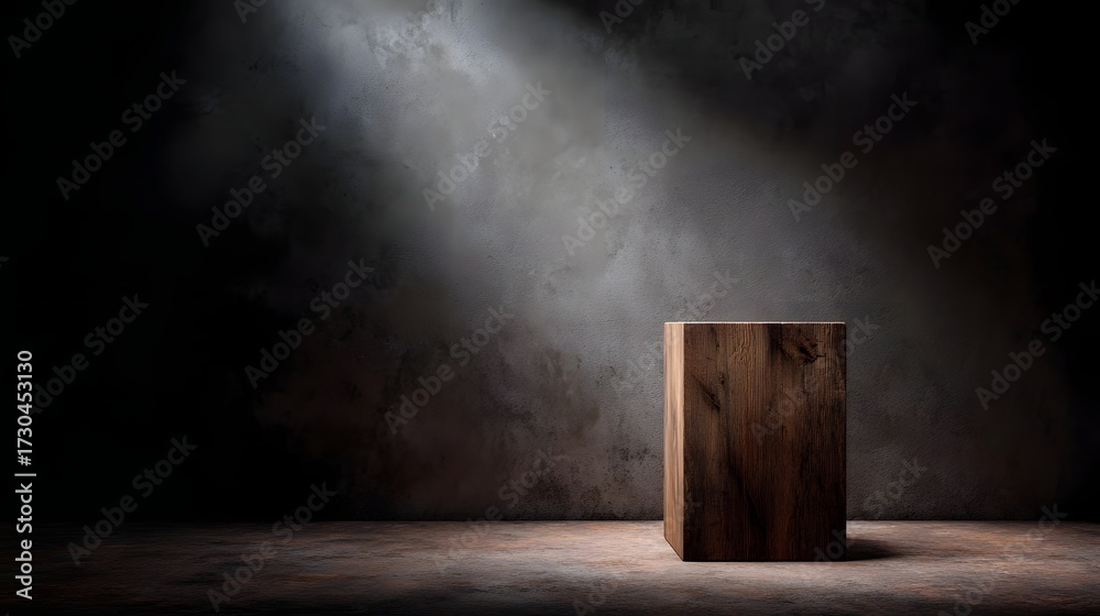 Wall mural a rustic wooden block serves as a display podium bathed in a spotlight against a dark textured studi