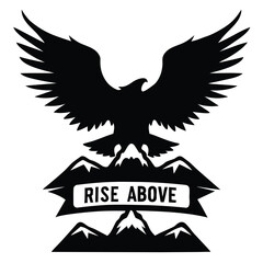 Obraz premium Monochromatic Emblem of a Soaring Eagle Above Mountains with Motivational Message