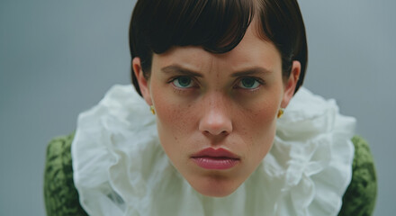 Intense close-up portrait of a young woman with a ruffled collar and a serious expression against a muted background