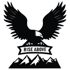 Majestic Eagle with Spreading Wings over Mountain Peaks and Rise Above Banner