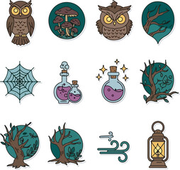 Enchanted Forest Halloween Vector Sticker Icons with Owl, Mushrooms, Potion, Lantern, and Magical Elements