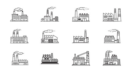 Collection of industrial factory buildings with smoking chimneys hand drawn style vector