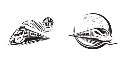 Black and White Vector Art Featuring Express and High-Speed Trains with Global Travel Symbols