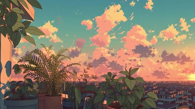 Hyperlocal Lo-Fi Scene : Balcony view with potted plants swaying gently in the breeze in sunset sky backdrop  

