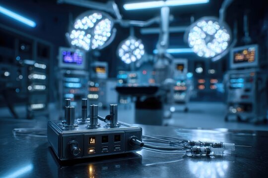 Operating Room Control Panel with Surgical Lights and Medical Equipment.