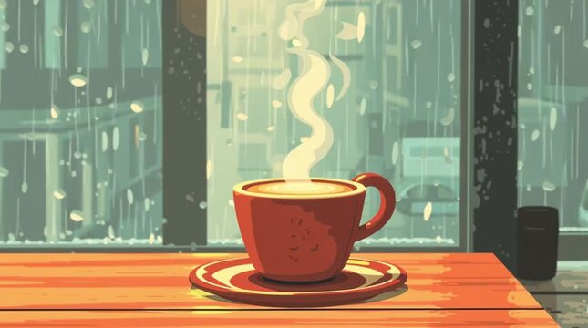 Hyperlocal Lo-Fi Scene : Cozy cafe corner with a steaming cup of coffee and soft sunlight filtering through curtains in rainy street backdrop  
